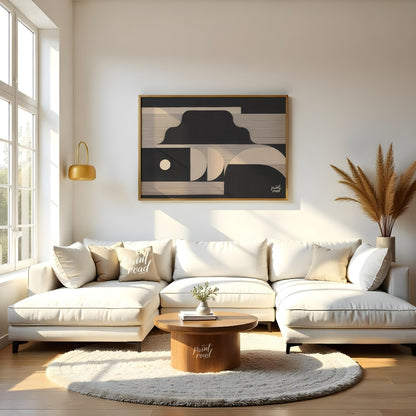 """Lunar Geometry"" presents a striking composition of geometric shapes in contrasting black and li… for living room
