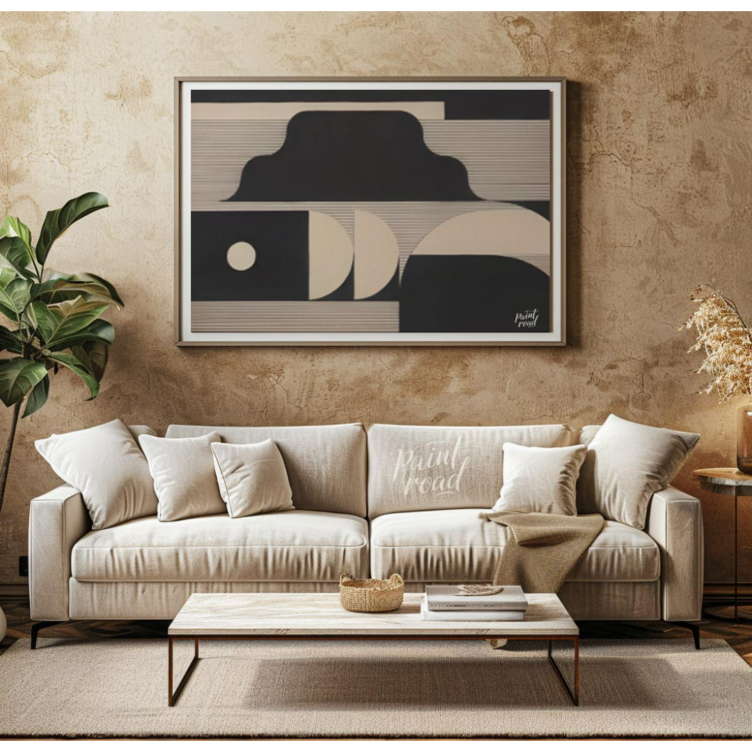 """Lunar Geometry"" presents a striking composition of geometric shapes in contrasting black and li… for living room