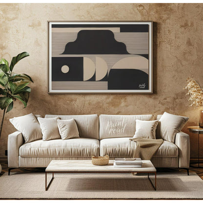 """Lunar Geometry"" presents a striking composition of geometric shapes in contrasting black and li… for living room