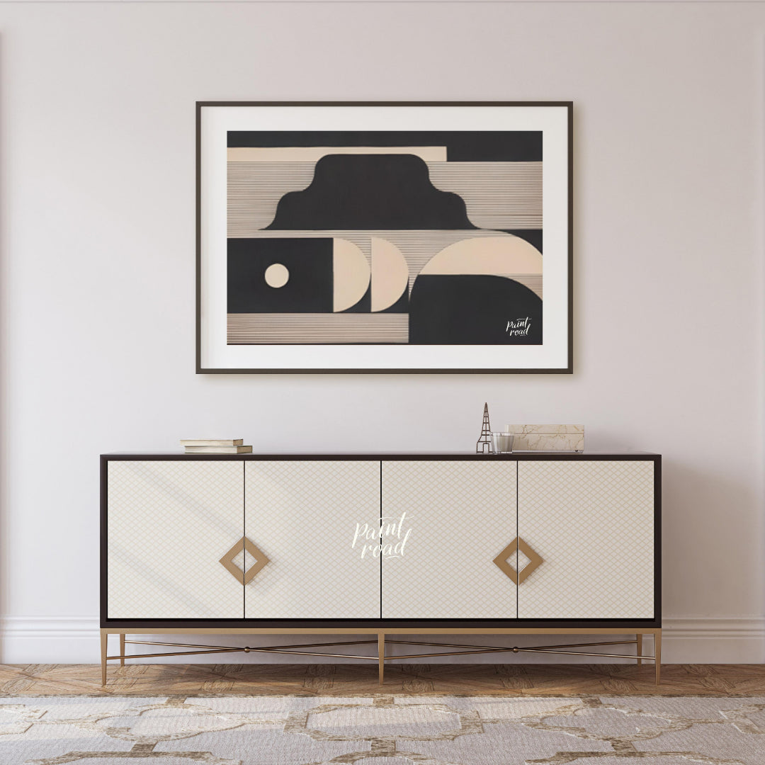 """Lunar Geometry"" presents a striking composition of geometric shapes in contrasting black and li… for living room