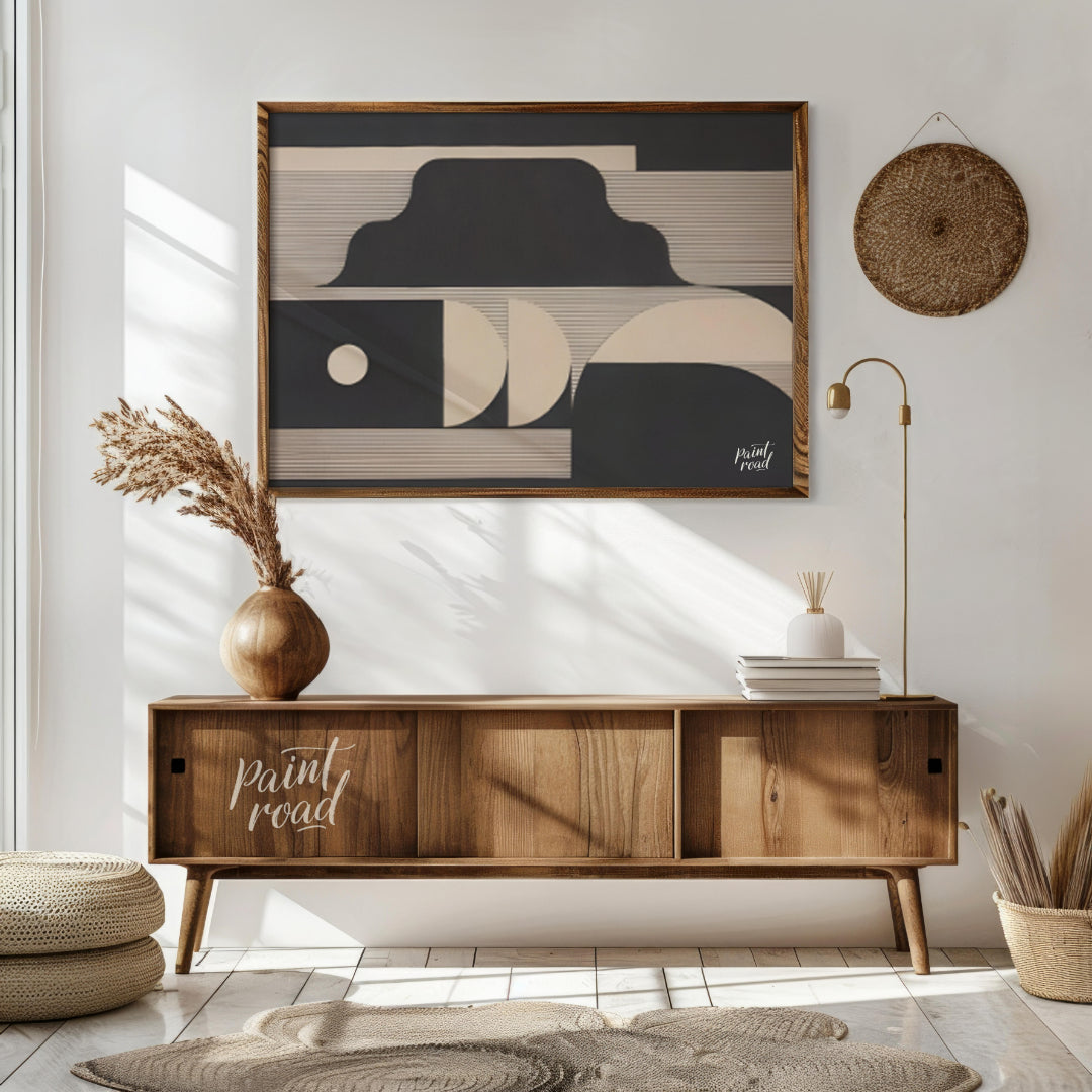 """Lunar Geometry"" presents a striking composition of geometric shapes in contrasting black and li… for living room