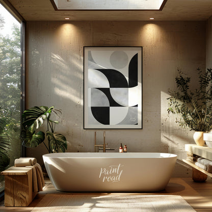 """Lunar Grid"" presents a striking geometric pattern in black, white, and gray tones, reminiscent … for bathroom