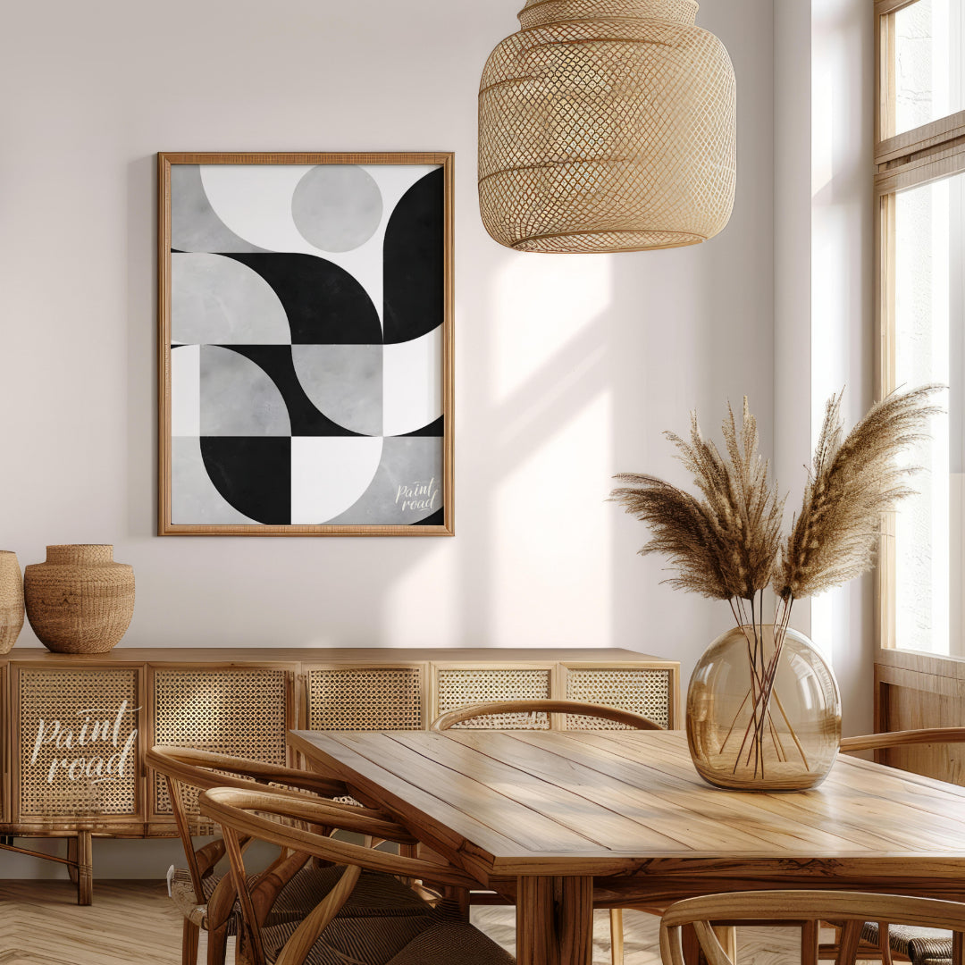 """Lunar Grid"" presents a striking geometric pattern in black, white, and gray tones, reminiscent … for dining room