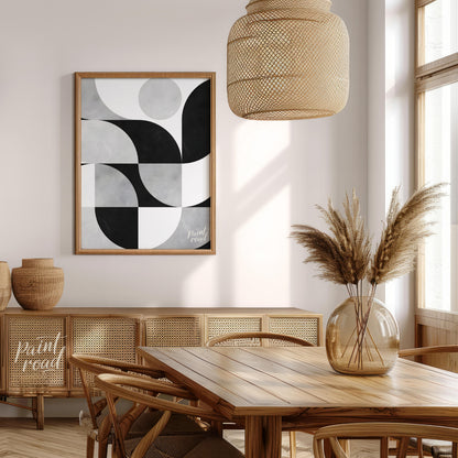 """Lunar Grid"" presents a striking geometric pattern in black, white, and gray tones, reminiscent … for dining room