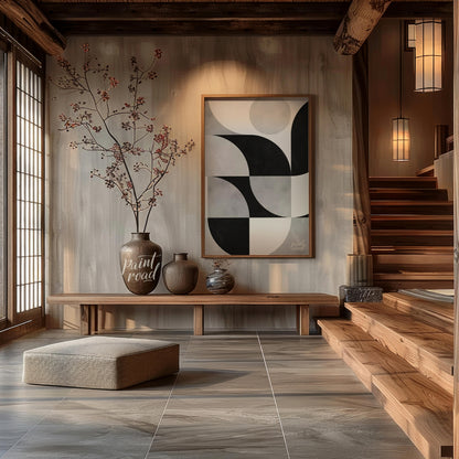 """Lunar Grid"" presents a striking geometric pattern in black, white, and gray tones, reminiscent … for entryway