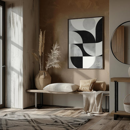 """Lunar Grid"" presents a striking geometric pattern in black, white, and gray tones, reminiscent … for entryway