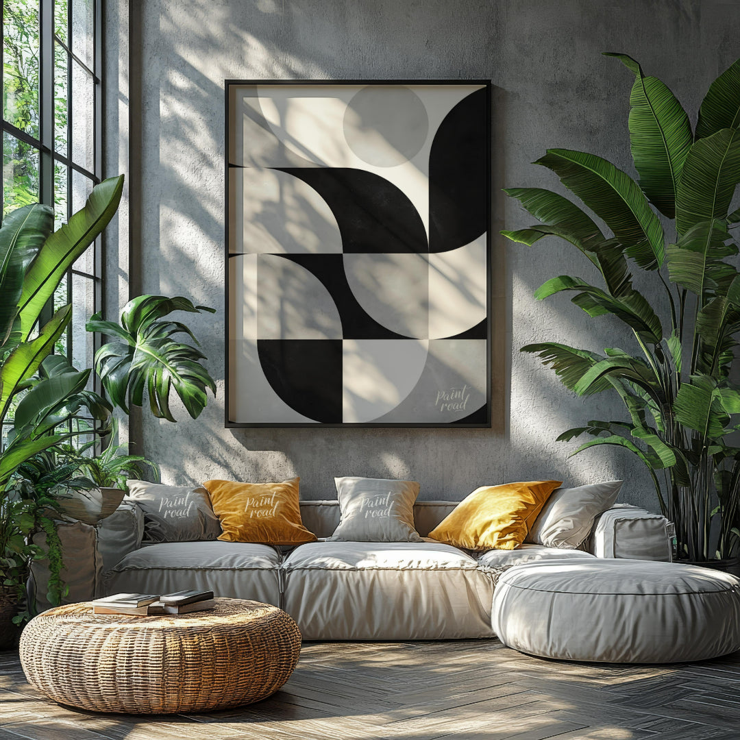 """Lunar Grid"" presents a striking geometric pattern in black, white, and gray tones, reminiscent … for living room