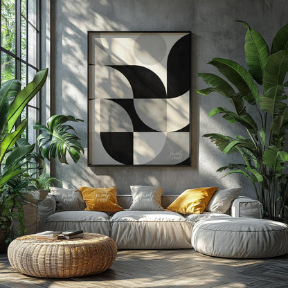 """Lunar Grid"" presents a striking geometric pattern in black, white, and gray tones, reminiscent … for living room