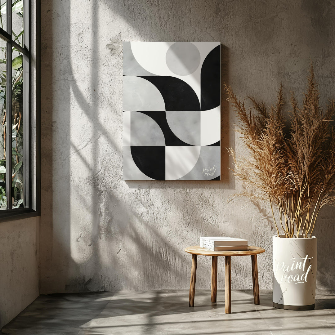 """Lunar Grid"" presents a striking geometric pattern in black, white, and gray tones, reminiscent … for living room