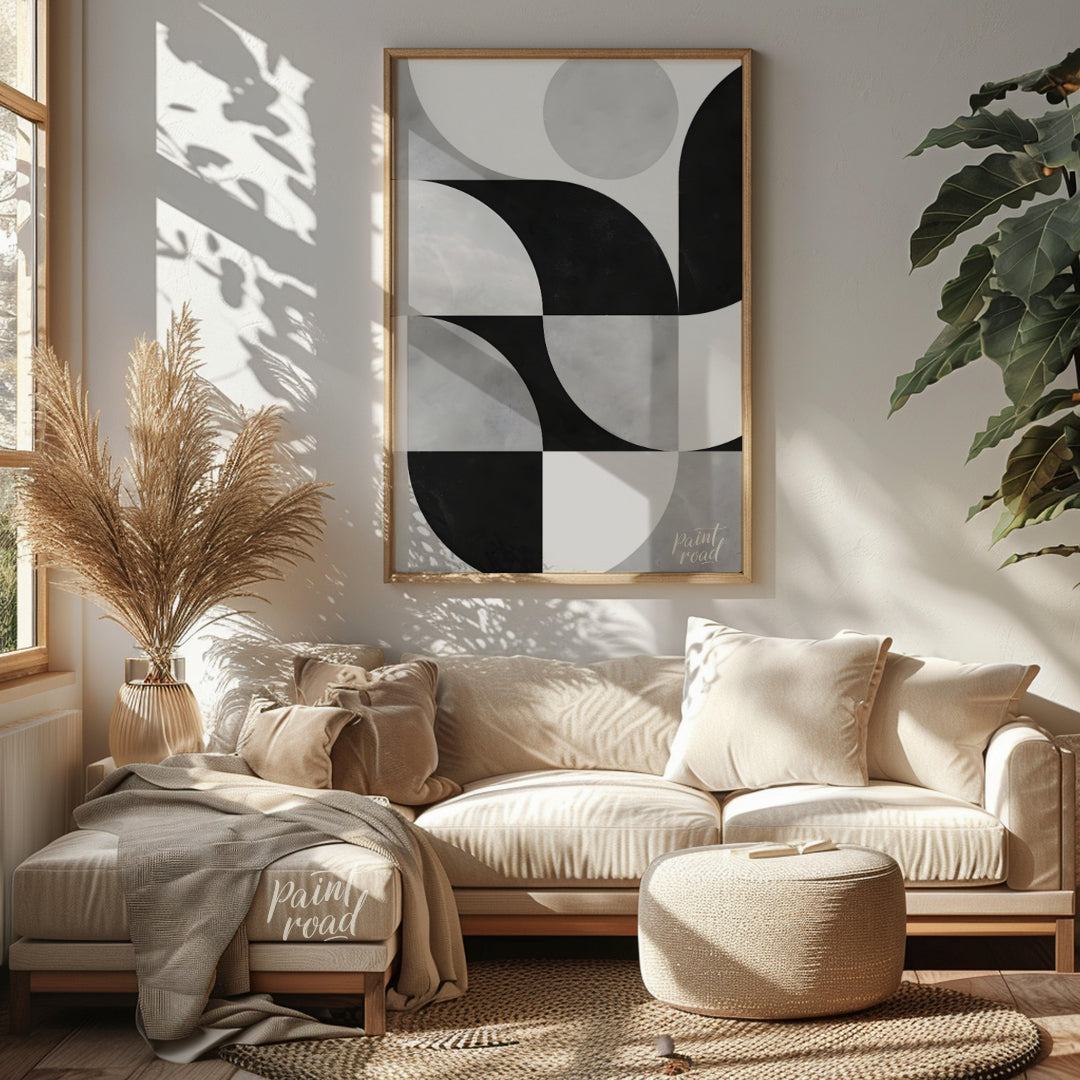 """Lunar Grid"" presents a striking geometric pattern in black, white, and gray tones, reminiscent … for living room