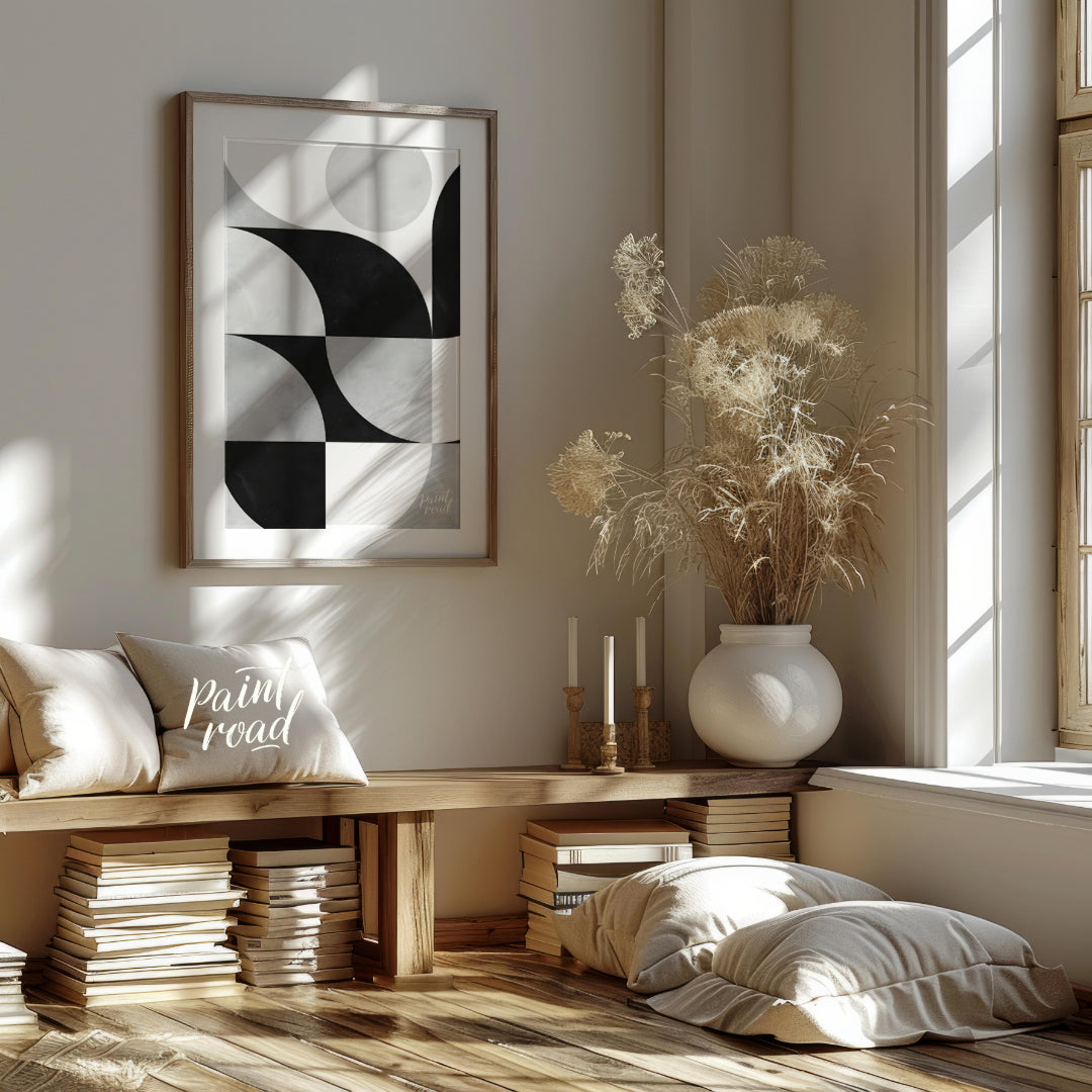 """Lunar Grid"" presents a striking geometric pattern in black, white, and gray tones, reminiscent … for living room