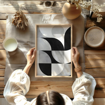 """Lunar Grid"" presents a striking geometric pattern in black, white, and gray tones, reminiscent … for other