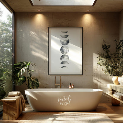 """Lunar Phases"" presents a delicate watercolor rendering of the moon's cycle, depicted in a verti… for bathroom