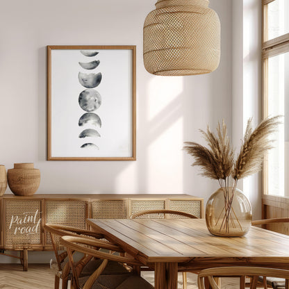 """Lunar Phases"" presents a delicate watercolor rendering of the moon's cycle, depicted in a verti… for dining room