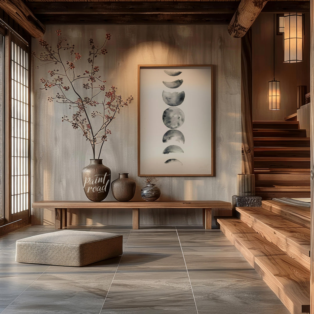 """Lunar Phases"" presents a delicate watercolor rendering of the moon's cycle, depicted in a verti… for entryway
