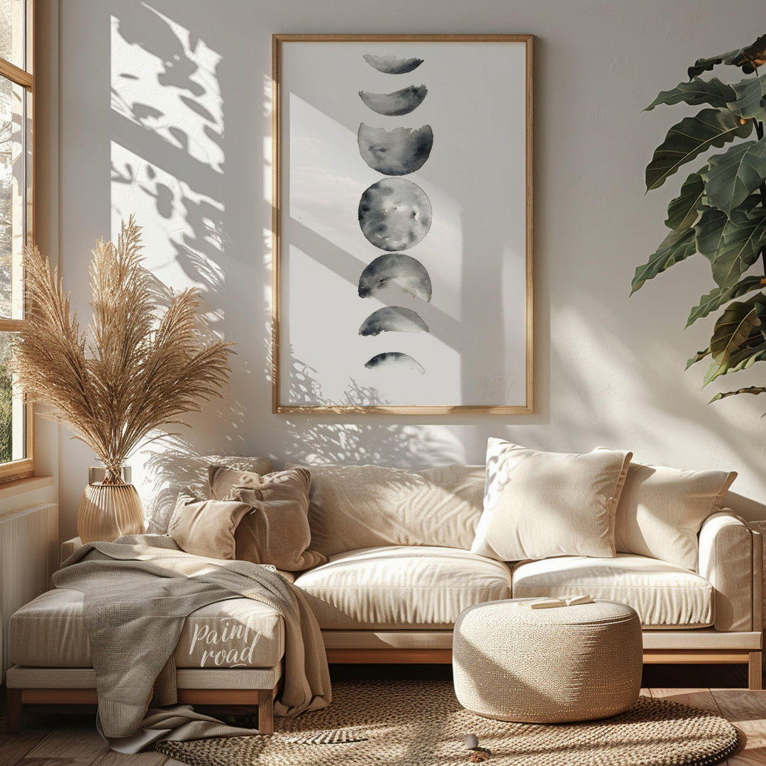 """Lunar Phases"" presents a delicate watercolor rendering of the moon's cycle, depicted in a verti… for living room