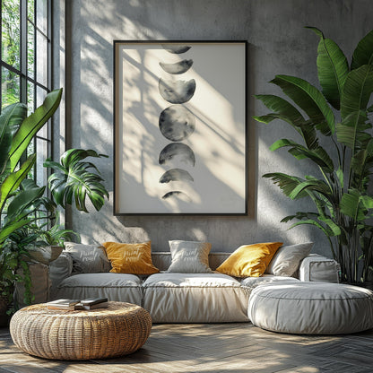 """Lunar Phases"" presents a delicate watercolor rendering of the moon's cycle, depicted in a verti… for living room