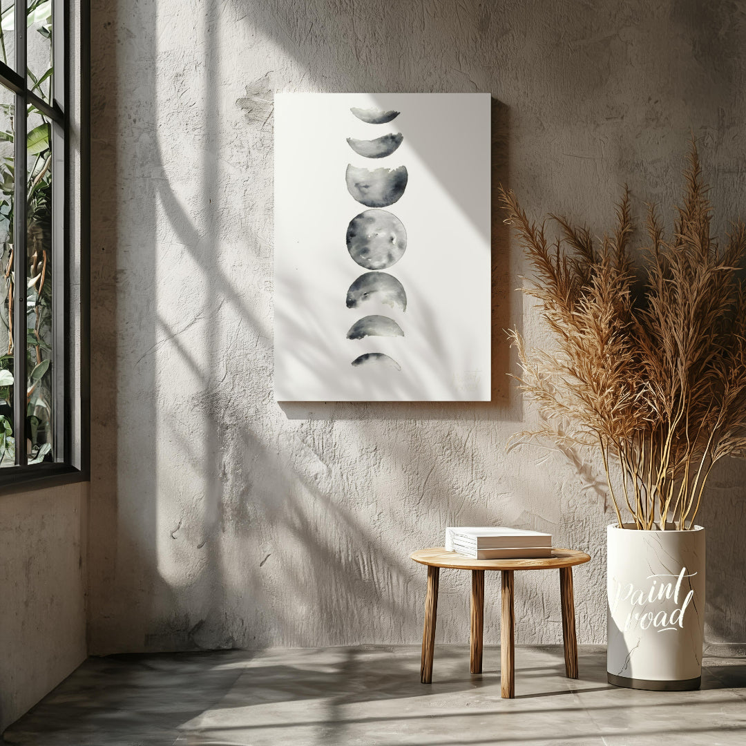 """Lunar Phases"" presents a delicate watercolor rendering of the moon's cycle, depicted in a verti… for other