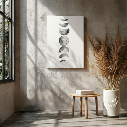"""Lunar Phases"" presents a delicate watercolor rendering of the moon's cycle, depicted in a verti… for other