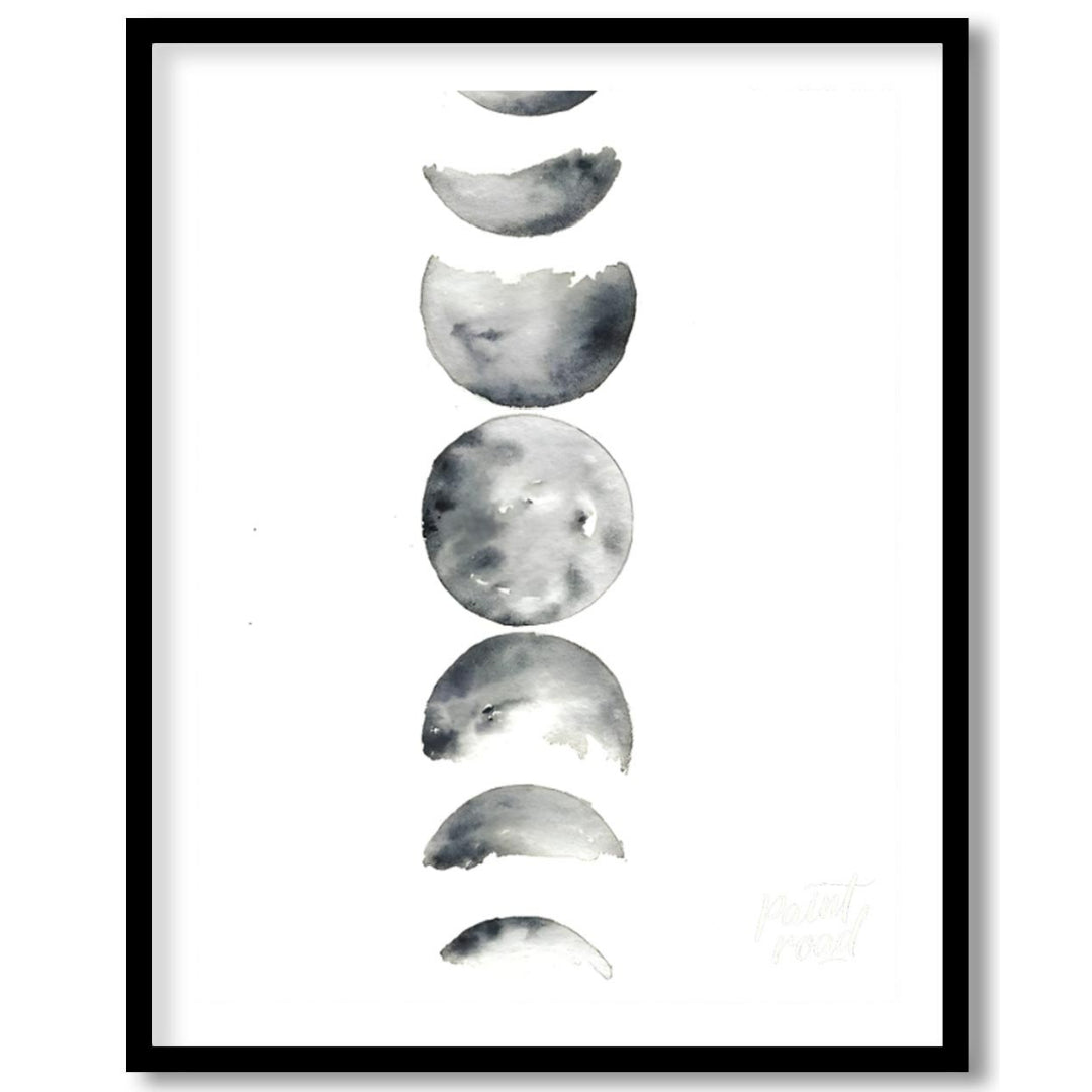 """Lunar Phases"" presents a delicate watercolor rendering of the moon's cycle, depicted in a verti… for place