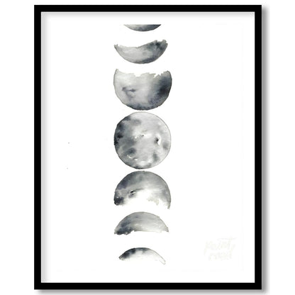 """Lunar Phases"" presents a delicate watercolor rendering of the moon's cycle, depicted in a verti… for place