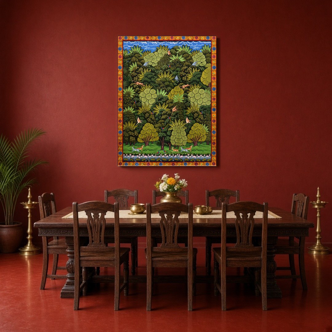 Immerse yourself in the lush vibrancy of this Pichwai artwork, where nature's grandeur unfolds. for Dining