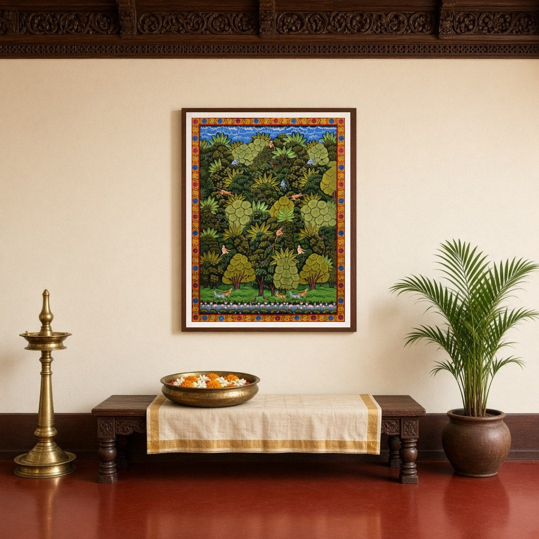Immerse yourself in the lush vibrancy of this Pichwai artwork, where nature's grandeur unfolds. for Entrance