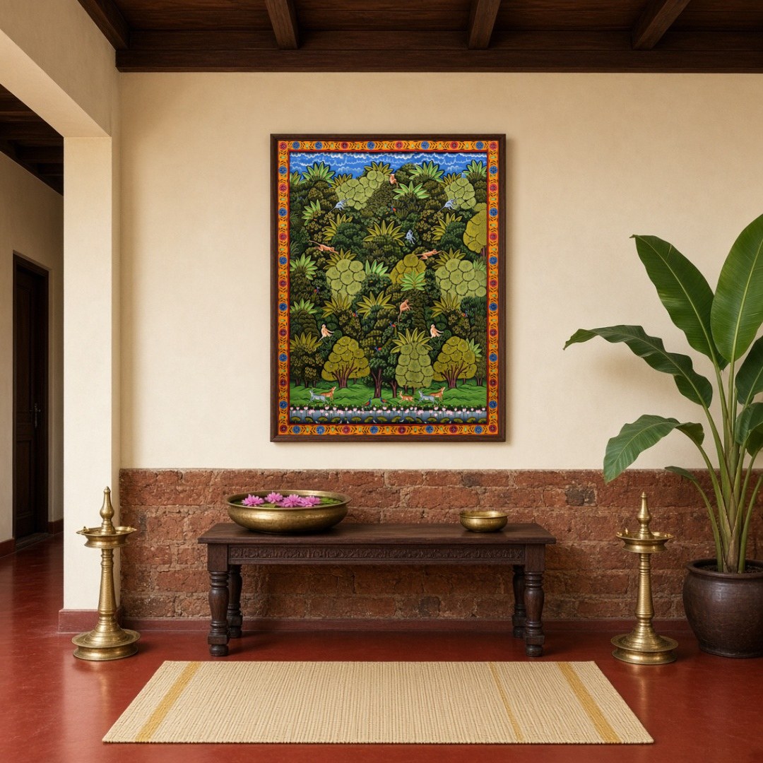 Immerse yourself in the lush vibrancy of this Pichwai artwork, where nature's grandeur unfolds. for Hallway