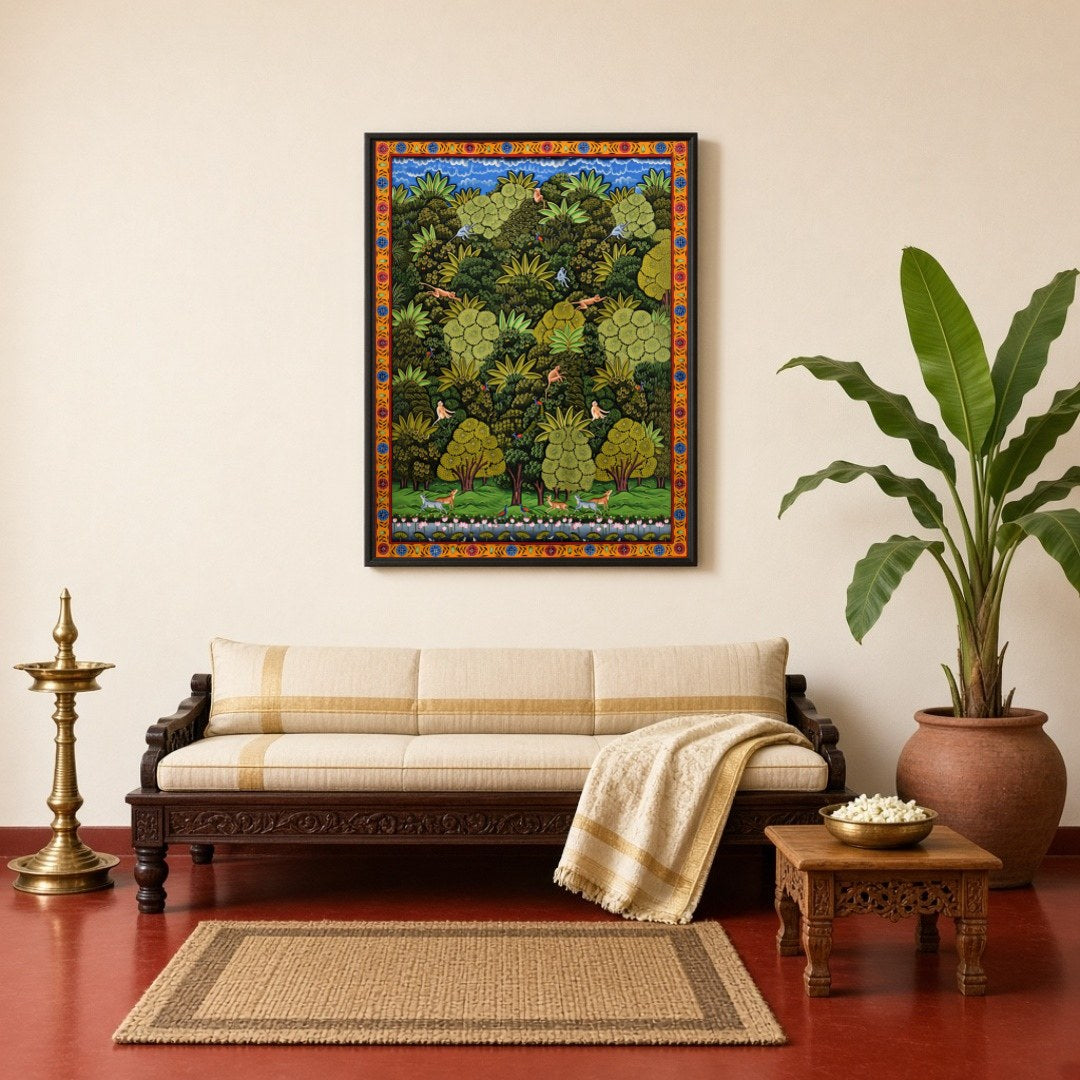 Immerse yourself in the lush vibrancy of this Pichwai artwork, where nature's grandeur unfolds. for Living Room