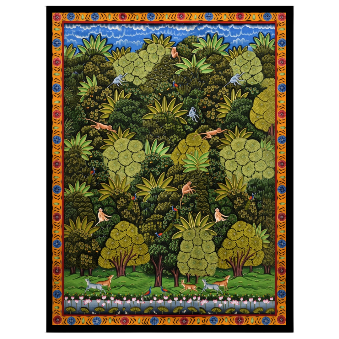Immerse yourself in the lush vibrancy of this Pichwai artwork, where nature's grandeur unfolds. for loft