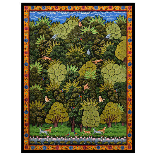 Immerse yourself in the lush vibrancy of this Pichwai artwork, where nature's grandeur unfolds. for loft