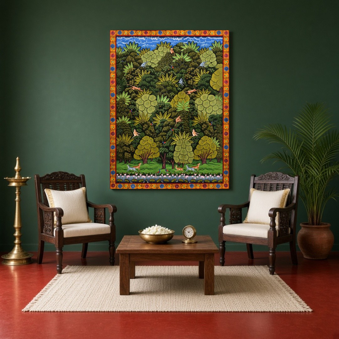 Immerse yourself in the lush vibrancy of this Pichwai artwork, where nature's grandeur unfolds. for Sitting Area