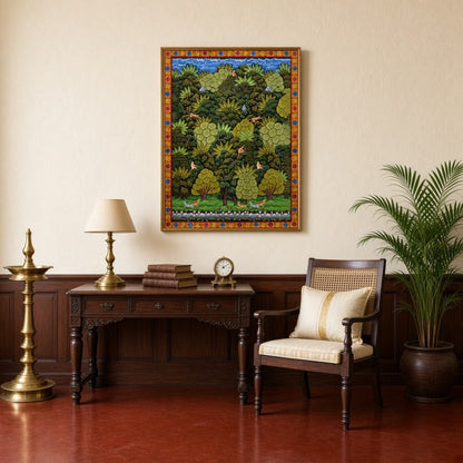Immerse yourself in the lush vibrancy of this Pichwai artwork, where nature's grandeur unfolds. for Study