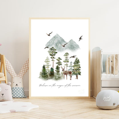This enchanting watercolor poster captures the serene beauty of a winter woodland landscape. Agains… for nursery