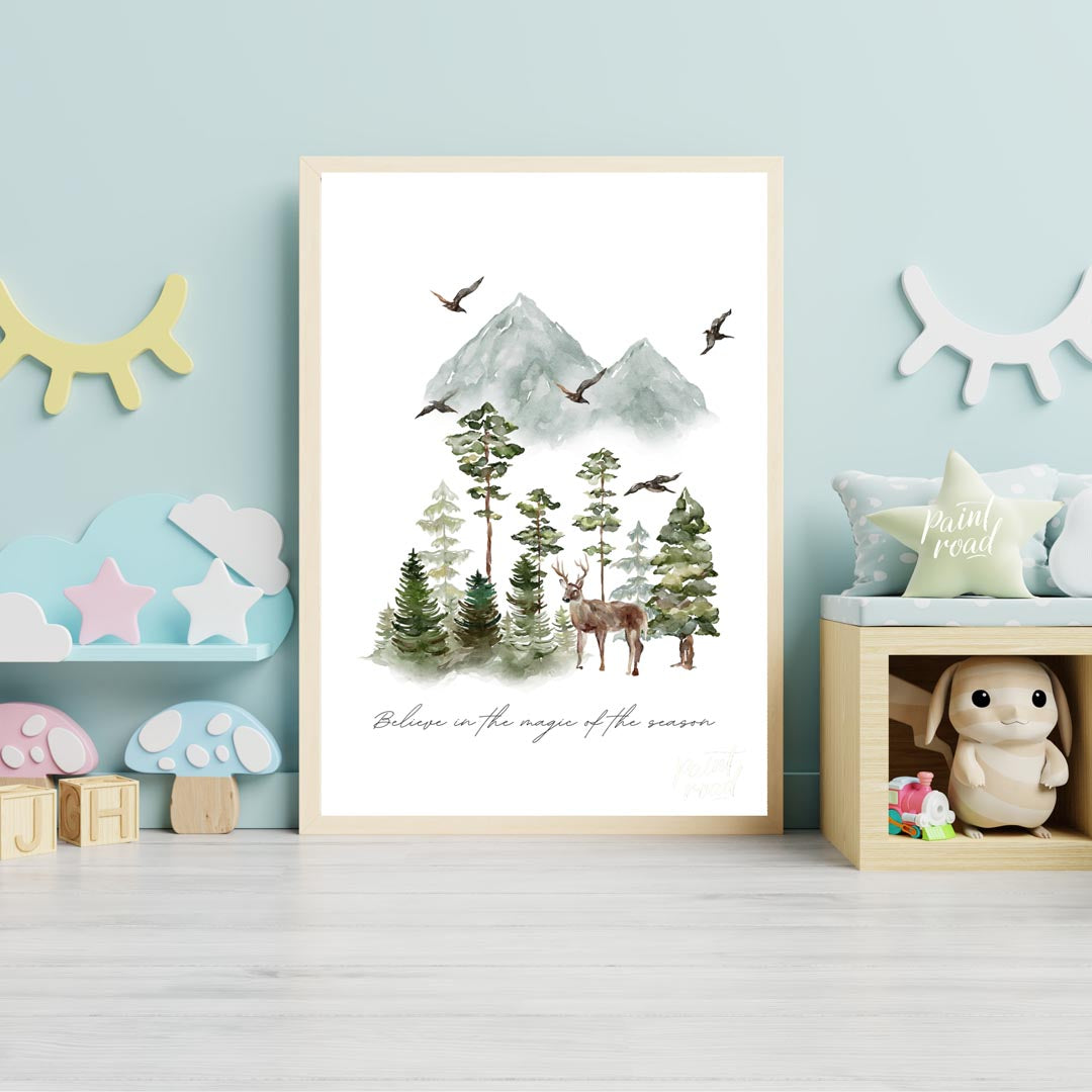 This enchanting watercolor poster captures the serene beauty of a winter woodland landscape. Agains… for nursery