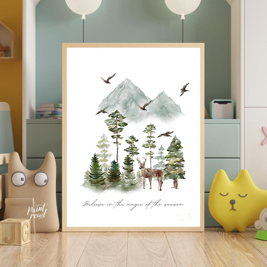 This enchanting watercolor poster captures the serene beauty of a winter woodland landscape. Agains… for nursery