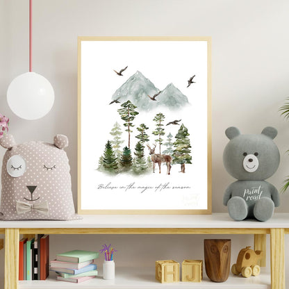 This enchanting watercolor poster captures the serene beauty of a winter woodland landscape. Agains… for nursery