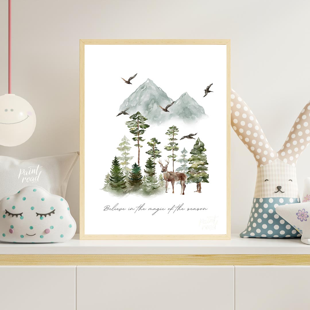 This enchanting watercolor poster captures the serene beauty of a winter woodland landscape. Agains… for nursery