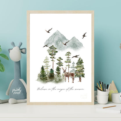 This enchanting watercolor poster captures the serene beauty of a winter woodland landscape. Agains… for nursery