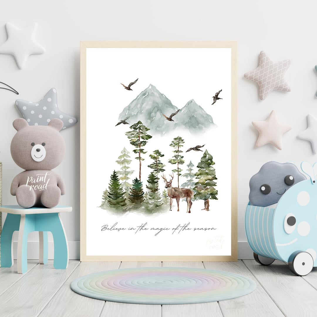 This enchanting watercolor poster captures the serene beauty of a winter woodland landscape. Agains… for nursery