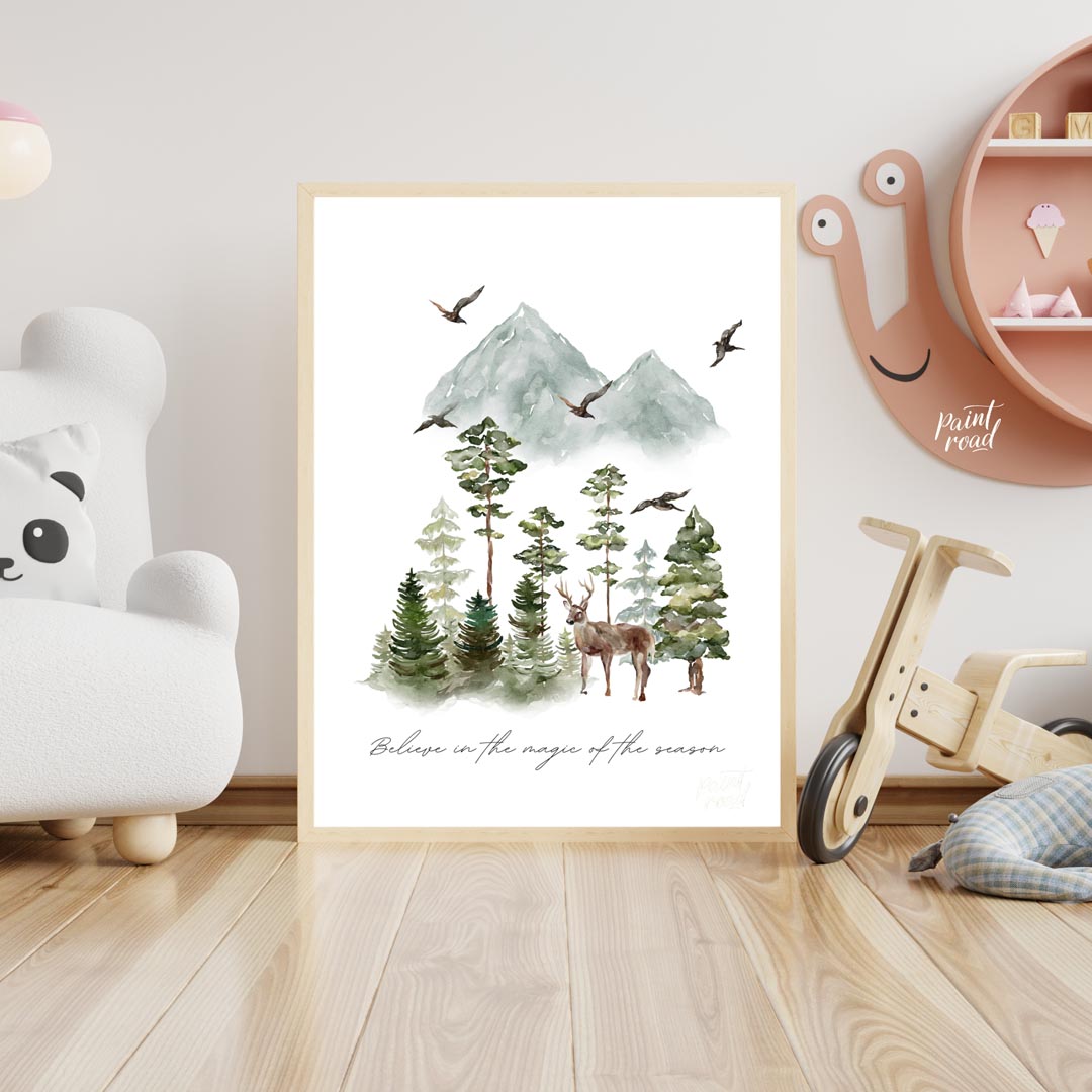 This enchanting watercolor poster captures the serene beauty of a winter woodland landscape. Agains… for nursery