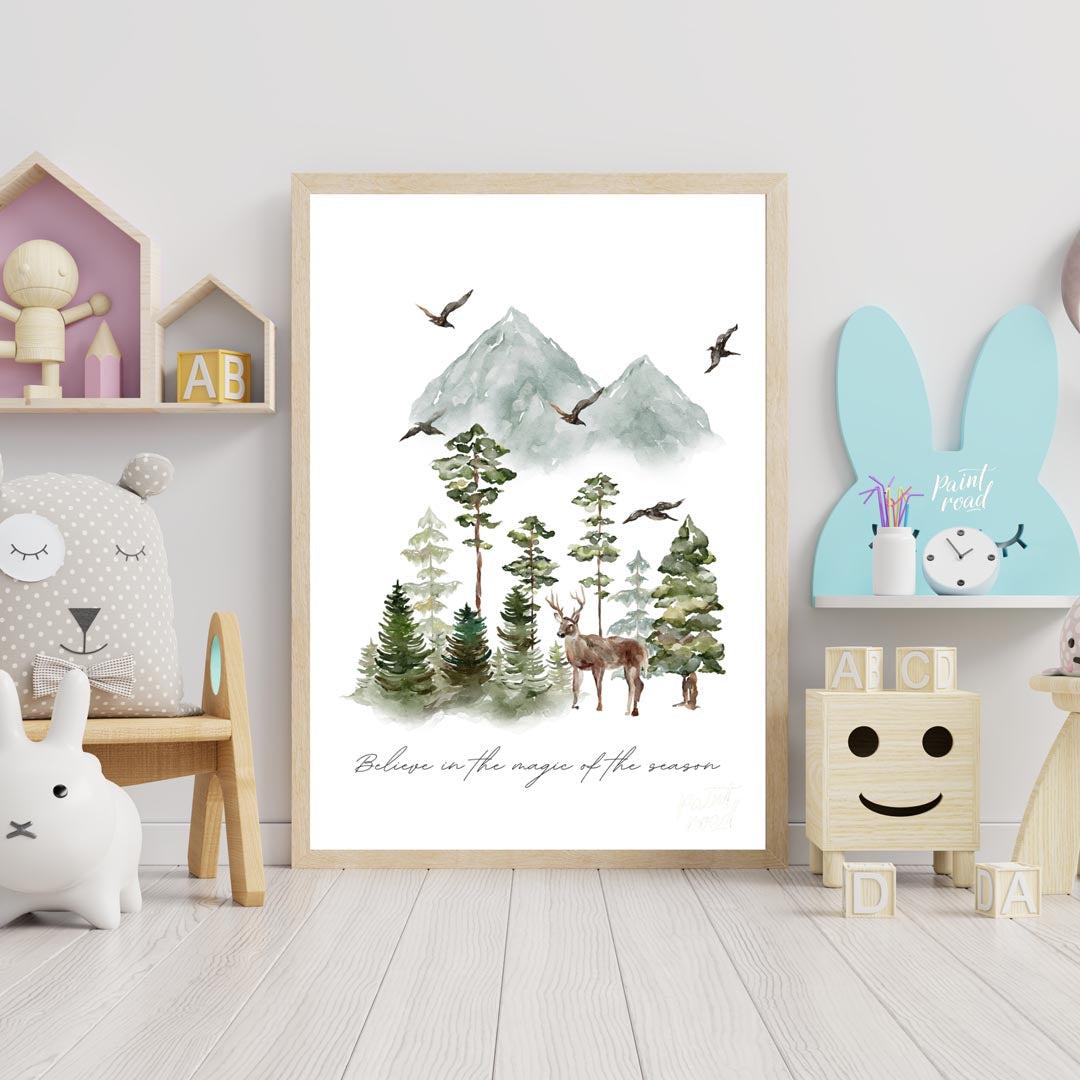 This enchanting watercolor poster captures the serene beauty of a winter woodland landscape. Agains… for nursery