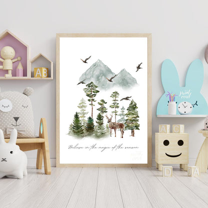 This enchanting watercolor poster captures the serene beauty of a winter woodland landscape. Agains… for nursery