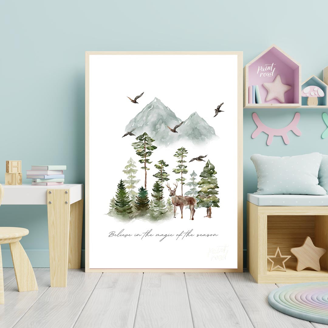 This enchanting watercolor poster captures the serene beauty of a winter woodland landscape. Agains… for nursery