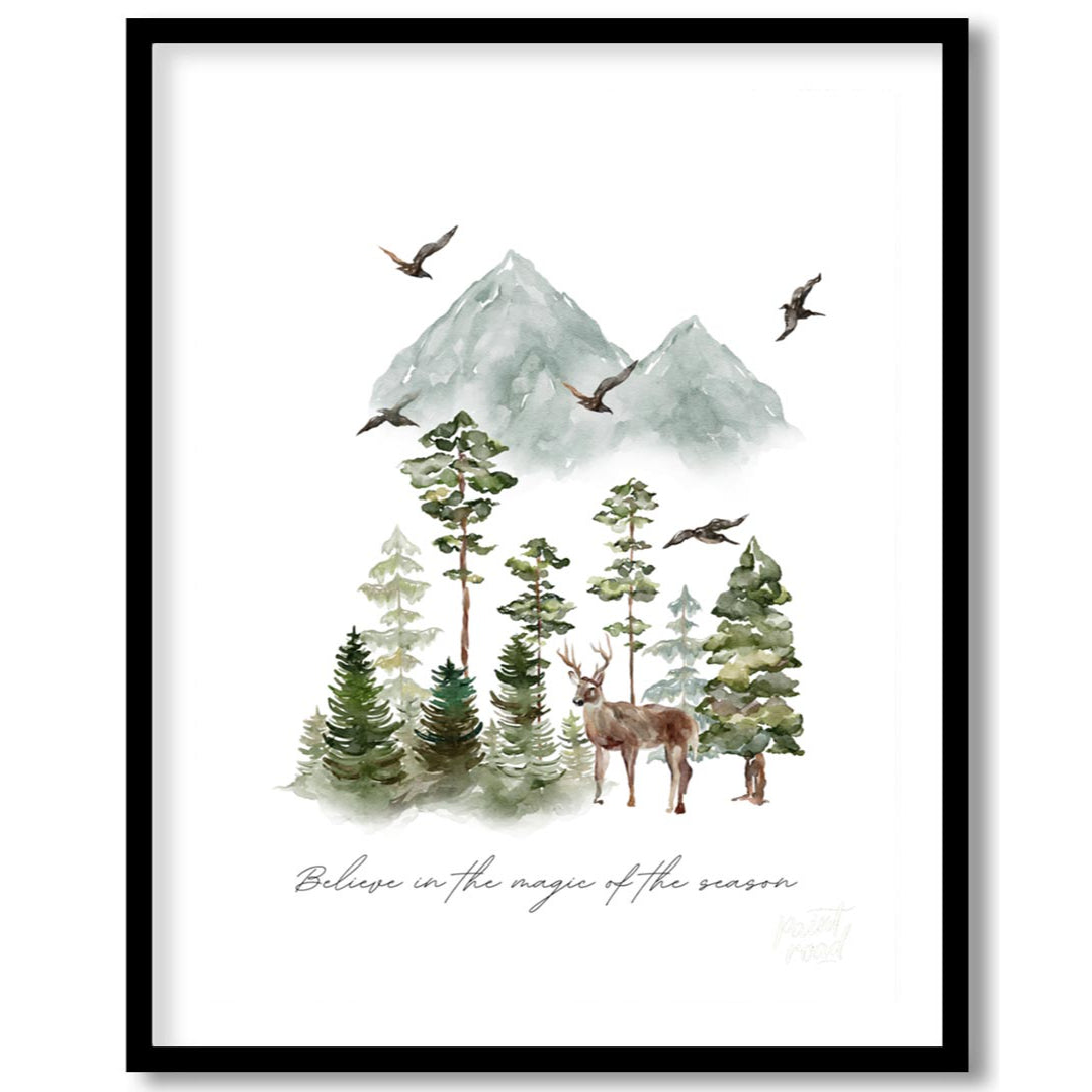 This enchanting watercolor poster captures the serene beauty of a winter woodland landscape. Agains… for place