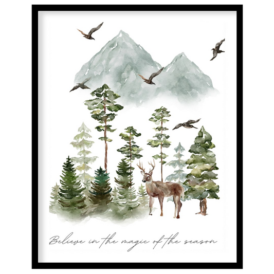 This enchanting watercolor poster captures the serene beauty of a winter woodland landscape. Agains… for place