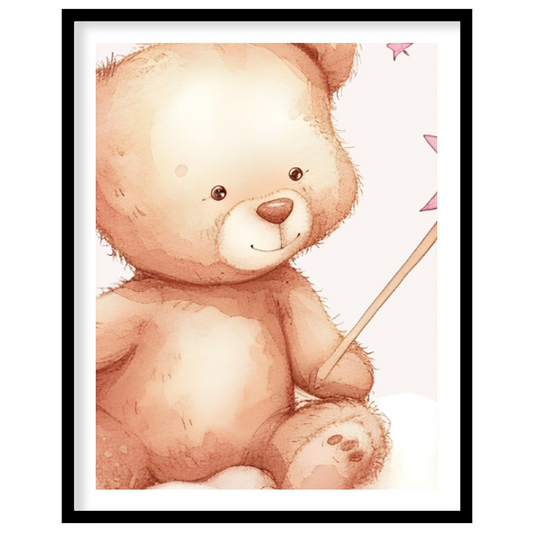 This enchanting poster features an endearing teddy bear seated atop a dreamy pink-and-white cloud, … for house