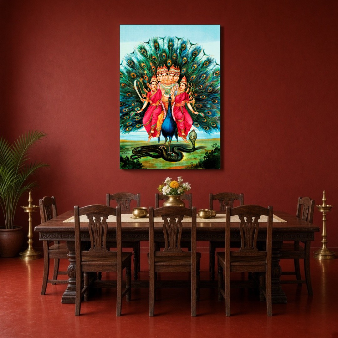 Evoke a sense of spiritual grace with this captivating depiction of Lord Murugan. Surrounded by for Dining