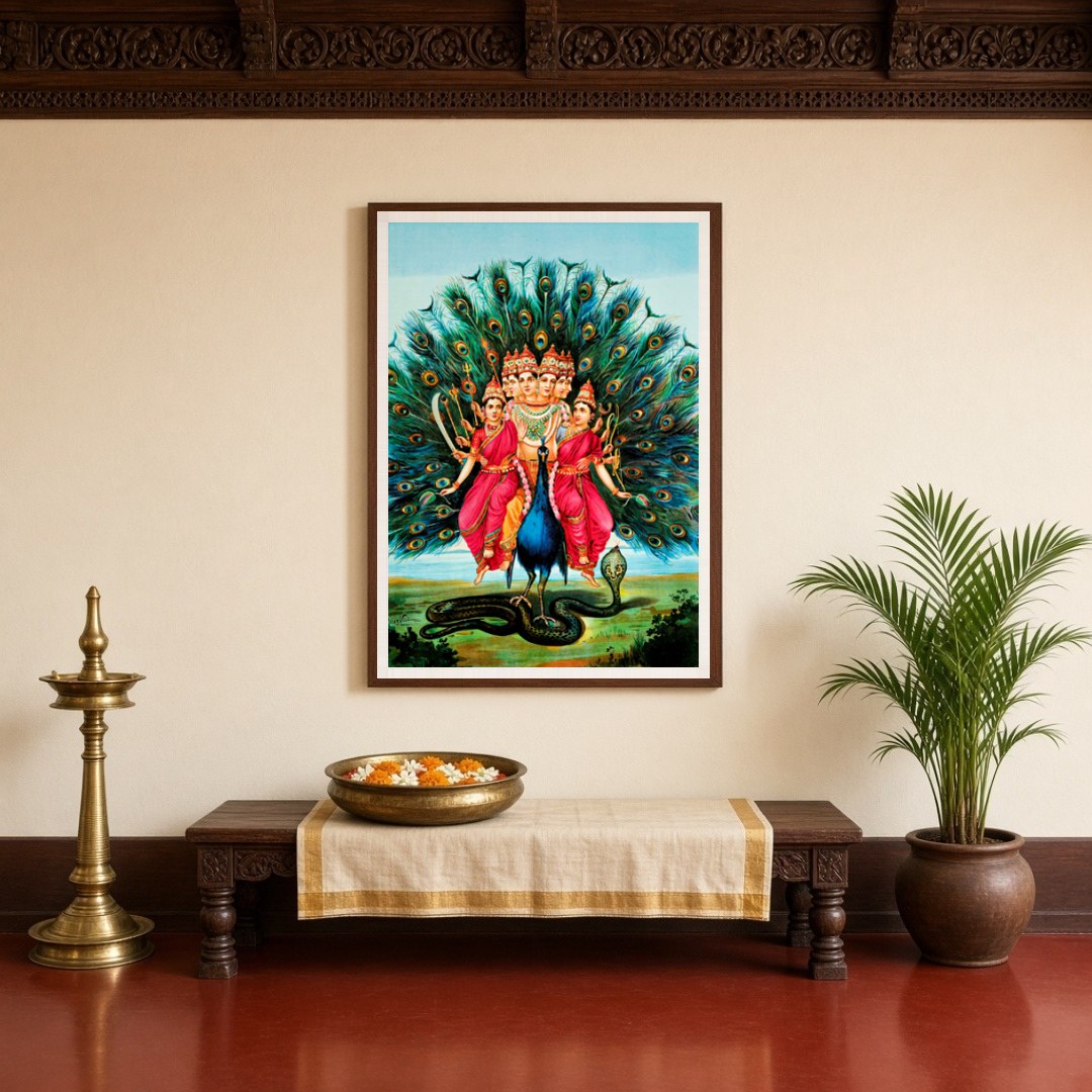 Evoke a sense of spiritual grace with this captivating depiction of Lord Murugan. Surrounded by for Entrance