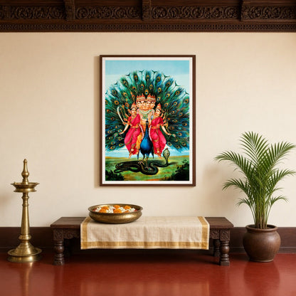 Evoke a sense of spiritual grace with this captivating depiction of Lord Murugan. Surrounded by for Entrance